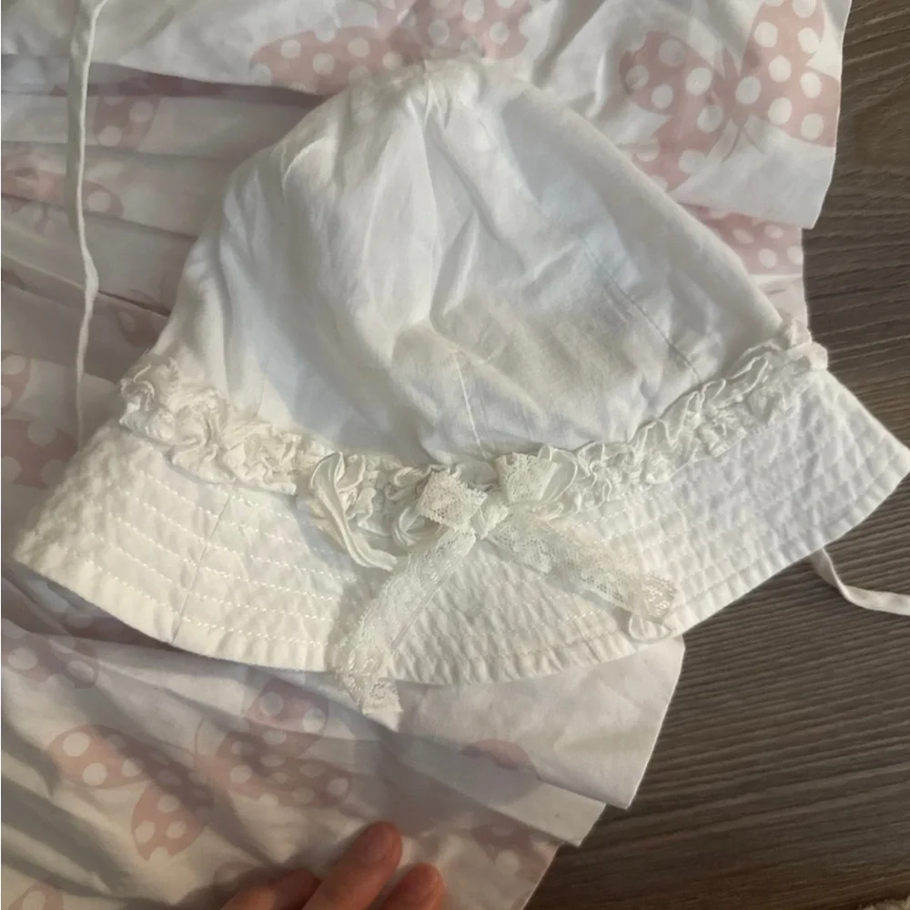 Fleurisse baby girl white pink butterfly print dress with smocking and sun hat